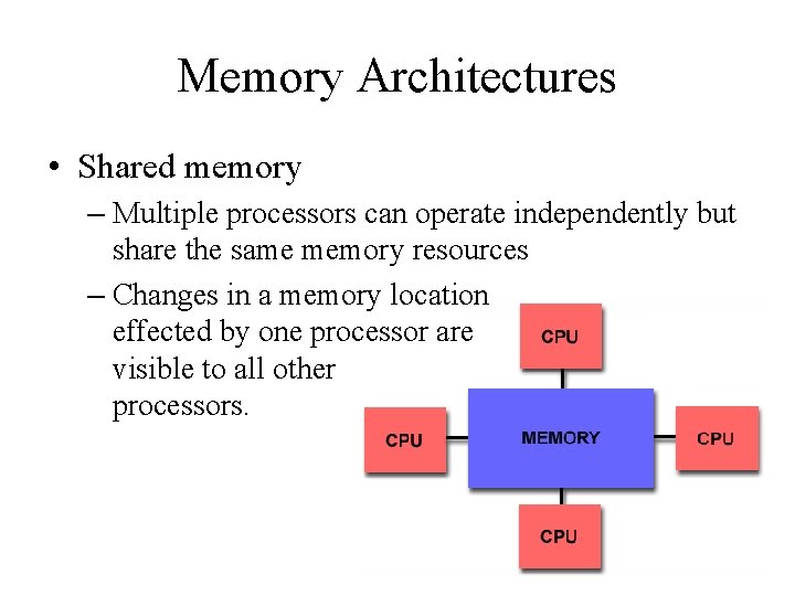 Memory Architectures • Shared memory – Multiple processors can operate independently but share the