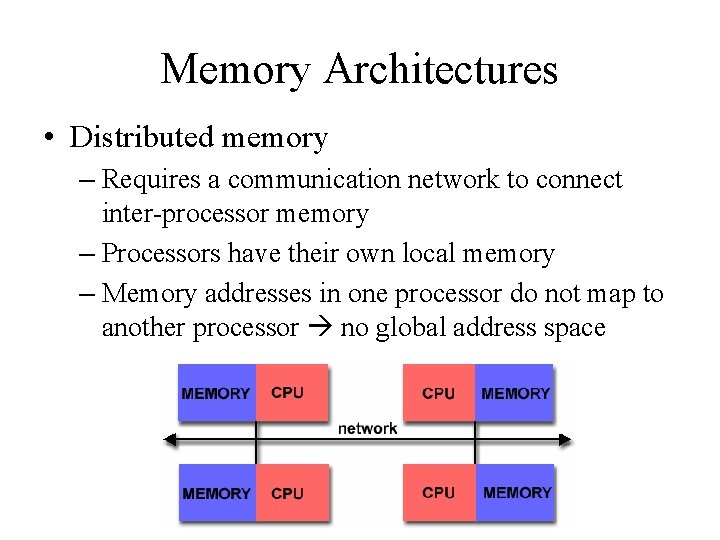 Memory Architectures • Distributed memory – Requires a communication network to connect inter-processor memory