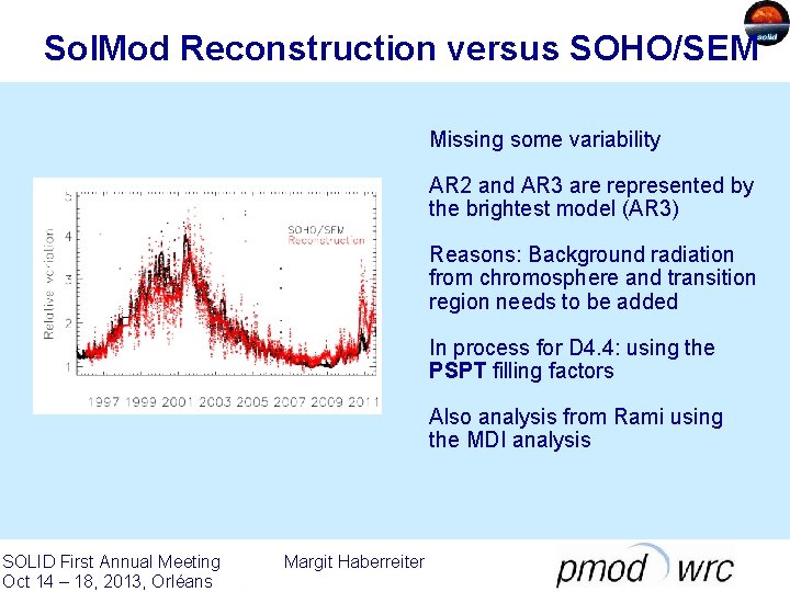 Sol. Mod Reconstruction versus SOHO/SEM Missing some variability AR 2 and AR 3 are