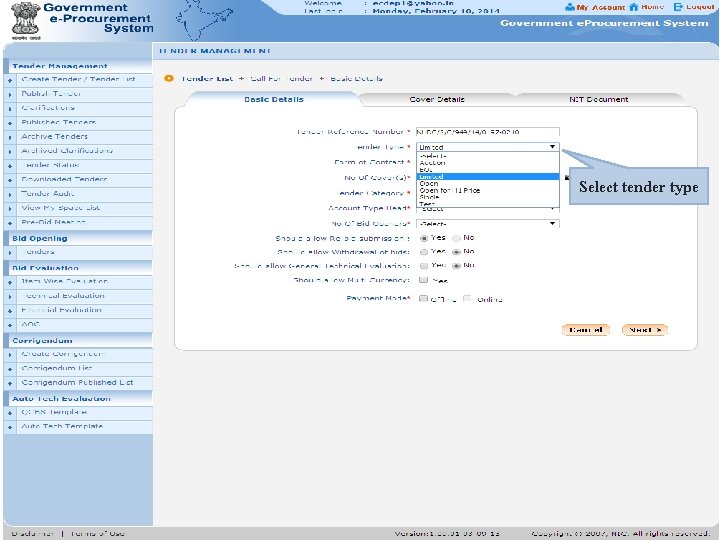 Select tender type 
