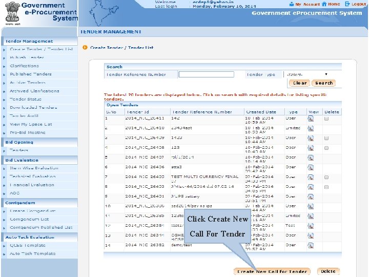 Click Create New Call For Tender 
