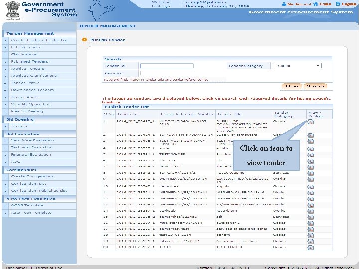 Click on icon to view tender 