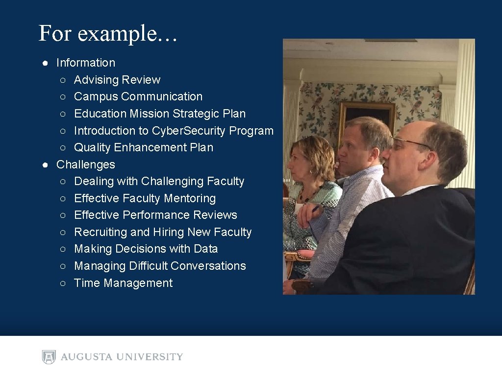 For example. . . ● Information ○ Advising Review ○ Campus Communication ○ Education For example. . . ● Information ○ Advising Review ○ Campus Communication ○ Education