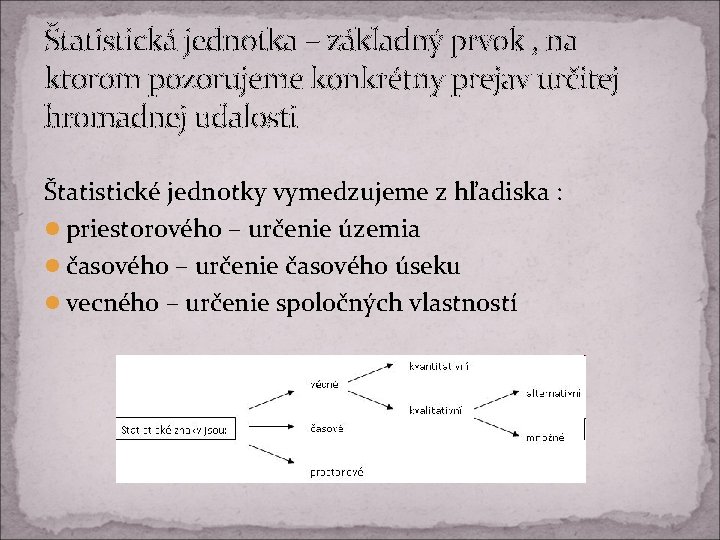 Štatistická jednotka – základný prvok , na ktorom pozorujeme konkrétny prejav určitej hromadnej udalosti