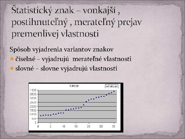 Štatistický znak – vonkajší , postihnuteľný , merateľný prejav premenlivej vlastnosti Spôsob vyjadrenia variantov