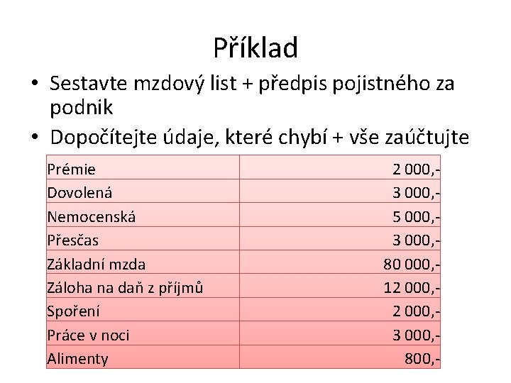 Příklad • Sestavte mzdový list + předpis pojistného za podnik • Dopočítejte údaje, které