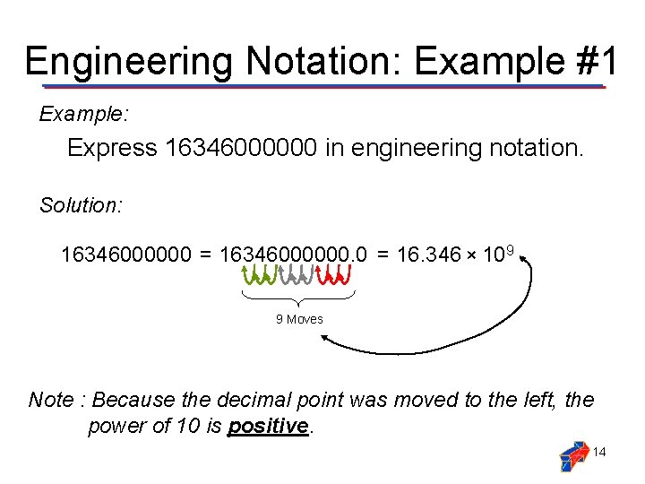 Engineering Notation: Example #1 Example: Express 16346000000 in engineering notation. Solution: 16346000000 = 16346000000.