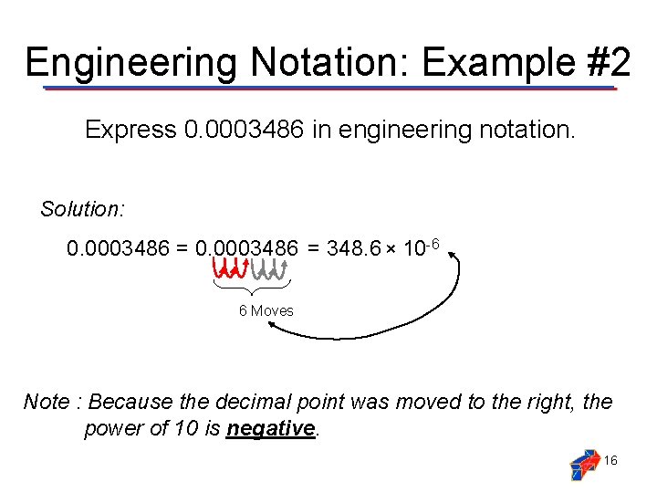 Engineering Notation: Example #2 Express 0. 0003486 in engineering notation. Solution: 0. 0003486 =