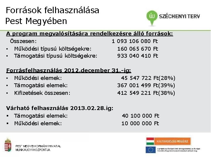 Források felhasználása Pest Megyében A program megvalósítására rendelkezésre álló források: Összesen: 1 093 106