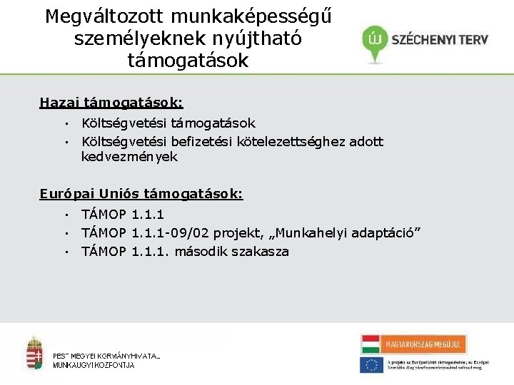 Megváltozott munkaképességű személyeknek nyújtható támogatások Hazai támogatások: Költségvetési támogatások ▪ Költségvetési befizetési kötelezettséghez adott