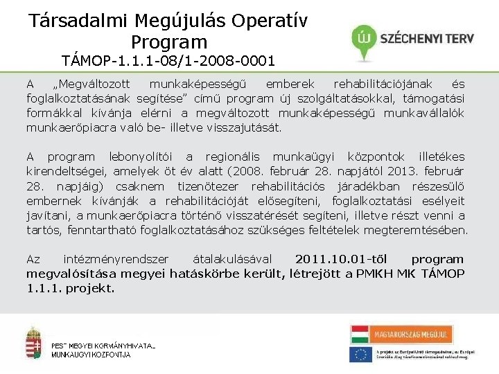 Társadalmi Megújulás Operatív Program TÁMOP-1. 1. 1 -08/1 -2008 -0001 A „Megváltozott munkaképességű emberek