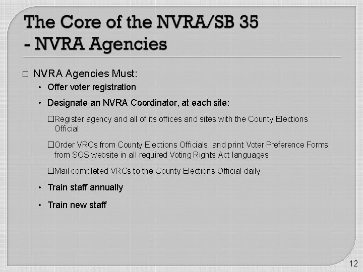 � NVRA Agencies Must: • Offer voter registration • Designate an NVRA Coordinator, at