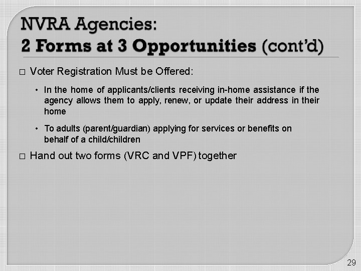 � Voter Registration Must be Offered: • In the home of applicants/clients receiving in-home