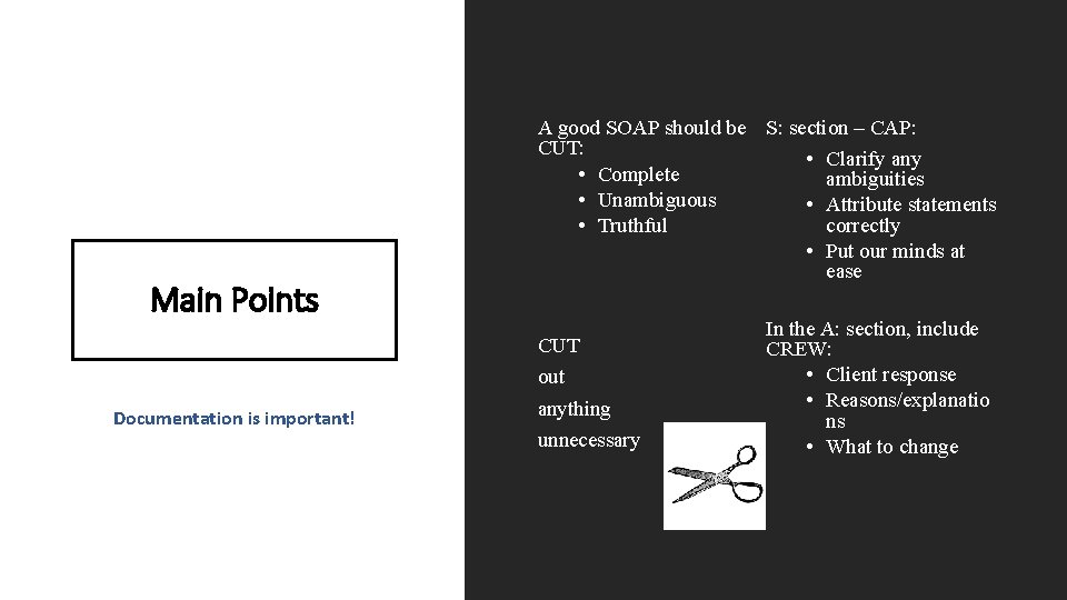 Main Points Documentation is important! A good SOAP should be S: section – CAP: