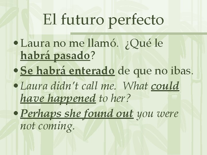 El futuro perfecto • Laura no me llamó. ¿Qué le habrá pasado? • Se