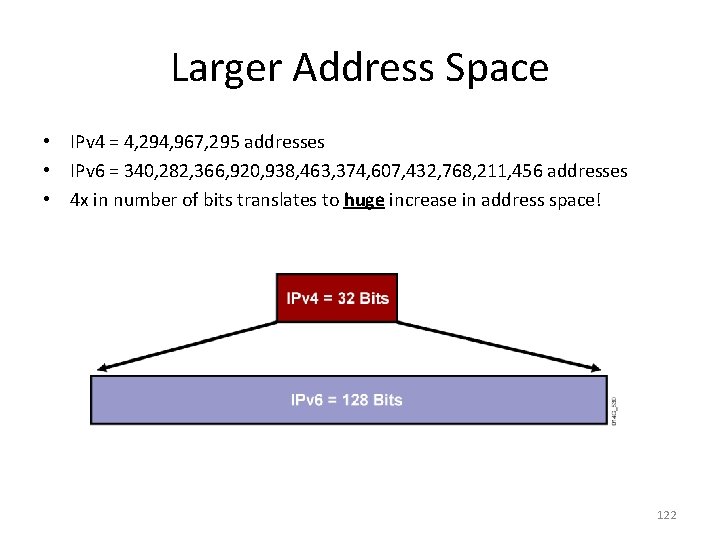 Larger Address Space • IPv 4 = 4, 294, 967, 295 addresses • IPv