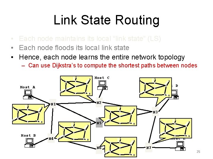 Link State Routing • Each node maintains its local “link state” (LS) • Each