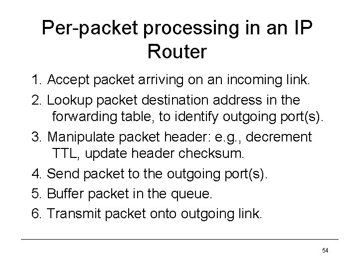 Per-packet processing in an IP Router 1. Accept packet arriving on an incoming link.