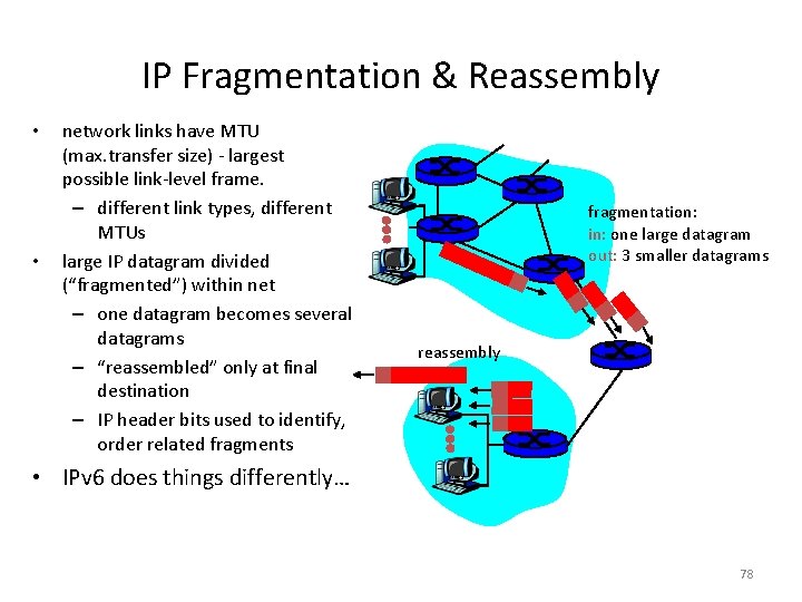 IP Fragmentation & Reassembly • • network links have MTU (max. transfer size) -