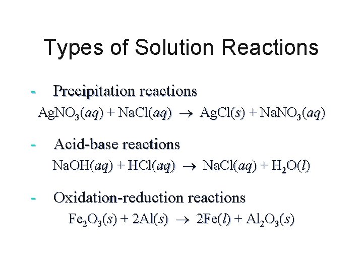 Types of Solution Reactions - Precipitation reactions Ag. NO 3(aq) + Na. Cl(aq) Ag.