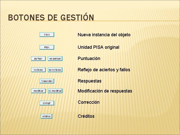 BOTONES DE GESTIÓN Nueva instancia del objeto Unidad PISA original Puntuación Reflejo de aciertos