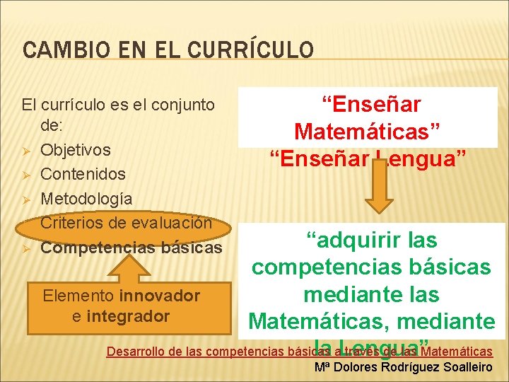 CAMBIO EN EL CURRÍCULO El currículo es el conjunto de: Ø Objetivos Ø Contenidos