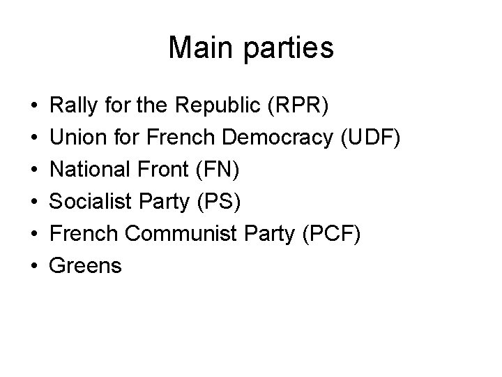 Main parties • • • Rally for the Republic (RPR) Union for French Democracy Main parties • • • Rally for the Republic (RPR) Union for French Democracy
