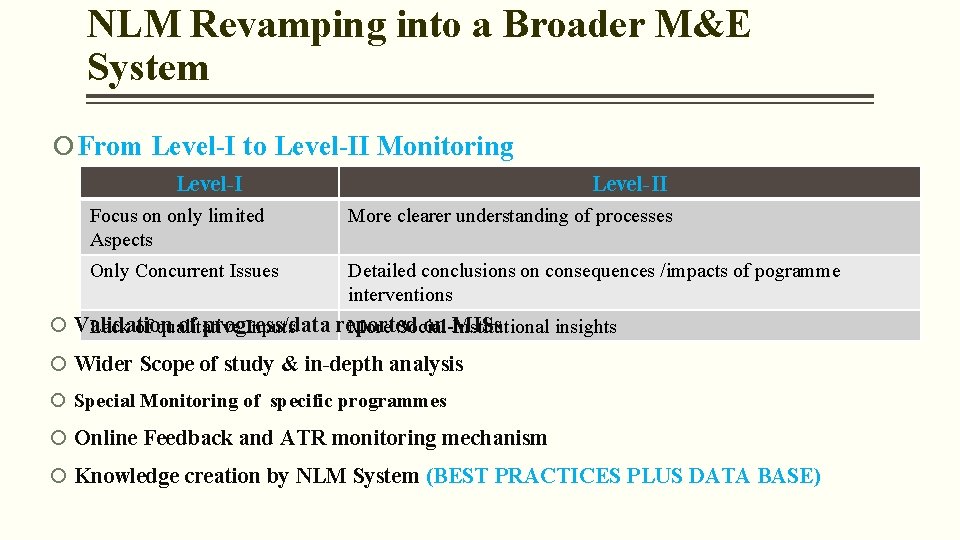 NLM Revamping into a Broader M&E System From Level-I to Level-II Monitoring Level-II Focus