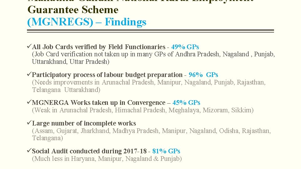 Mahatma Gandhi National Rural Employment Guarantee Scheme (MGNREGS) – Findings üAll Job Cards verified