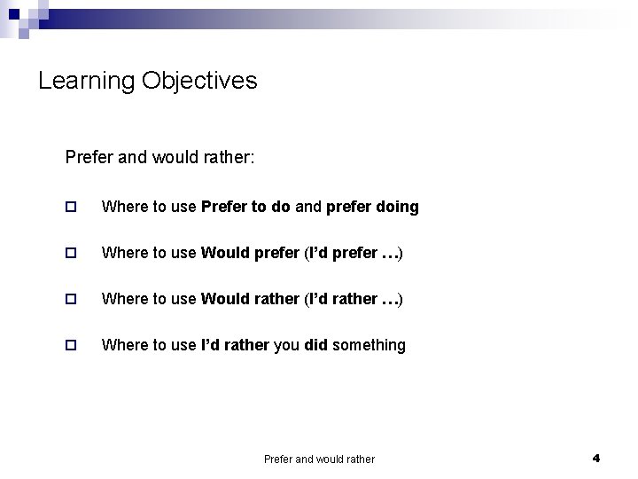 Learning Objectives Prefer and would rather: o Where to use Prefer to do and