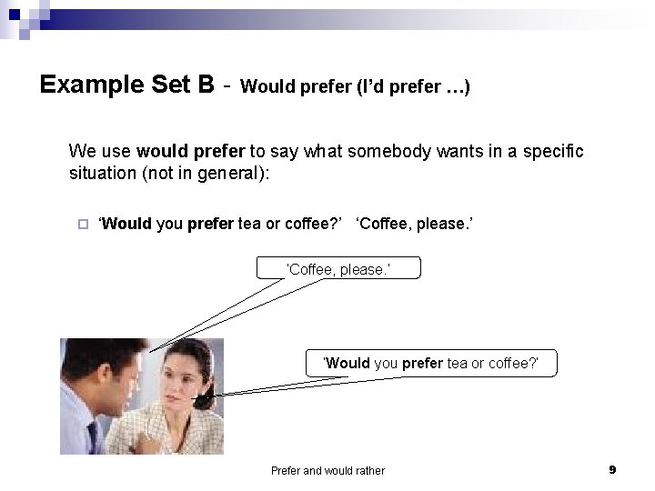 Example Set B - Would prefer (I’d prefer …) We use would prefer to