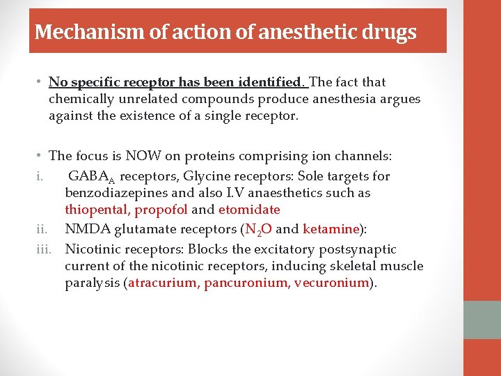 Mechanism of action of anesthetic drugs • No specific receptor has been identified. The