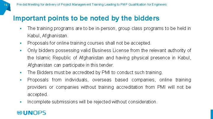 16 Pre-bid Meeting for delivery of Project Management Training Leading to PMP Qualification for