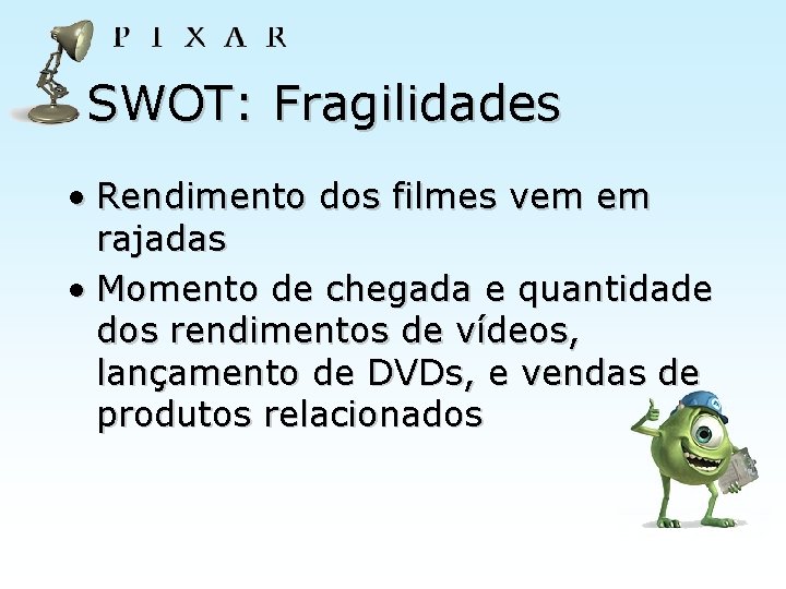 SWOT: Fragilidades • Rendimento dos filmes vem em rajadas • Momento de chegada e