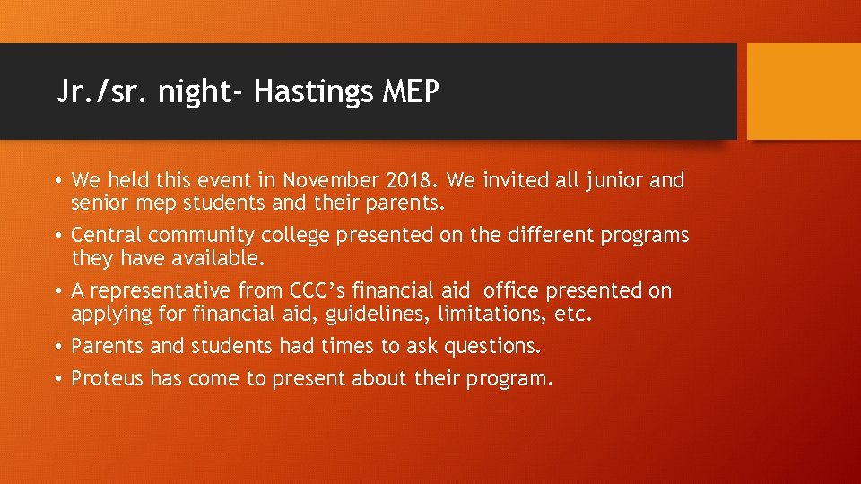 Jr. /sr. night- Hastings MEP • We held this event in November 2018. We