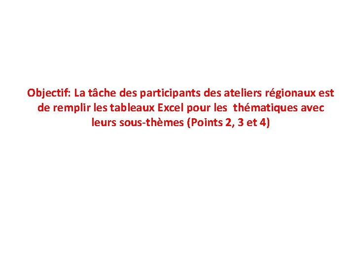 Objectif: La tâche des participants des ateliers régionaux est de remplir les tableaux Excel