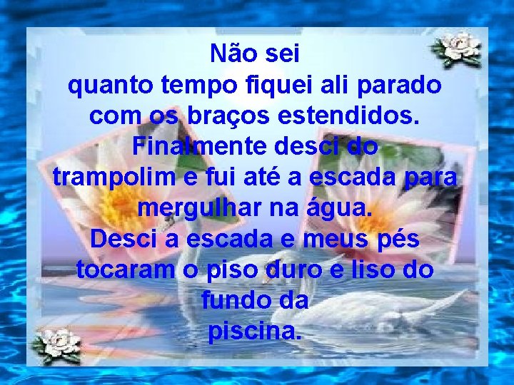 Não sei quanto tempo fiquei ali parado com os braços estendidos. Finalmente desci do