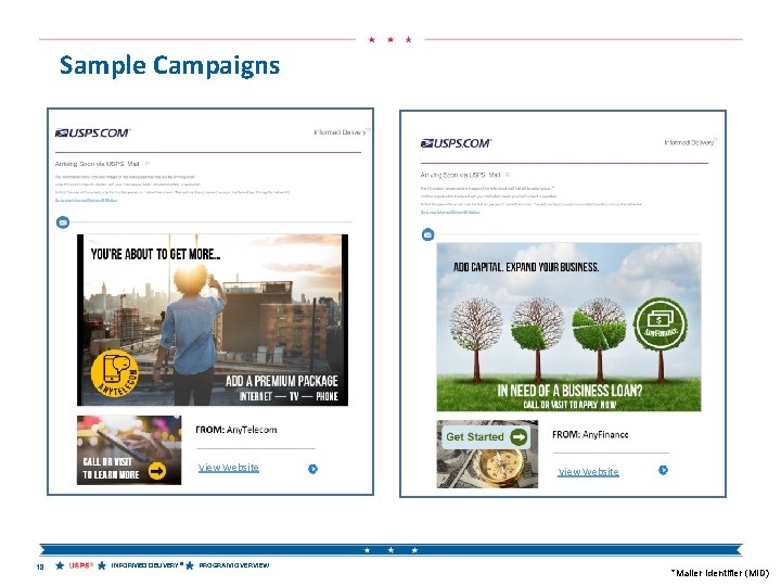 Sample Campaigns View Website 18 INFORMED DELIVERY® PROGRAM OVERVIEW View Website *Mailer Identifier (MID)