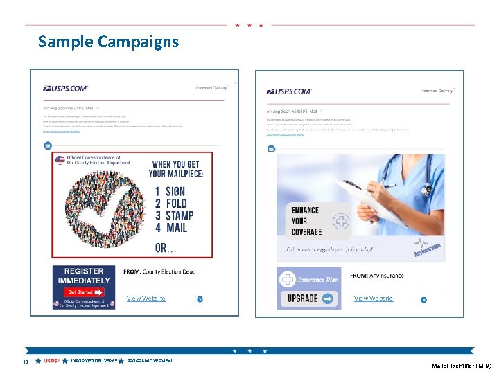 Sample Campaigns View Website 19 INFORMED DELIVERY® PROGRAM OVERVIEW View Website *Mailer Identifier (MID)