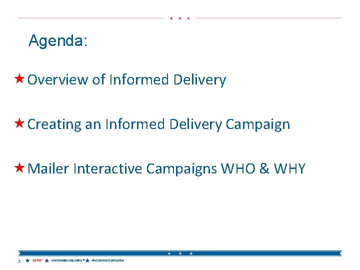 Agenda: «Overview of Informed Delivery «Creating an Informed Delivery Campaign «Mailer Interactive Campaigns WHO