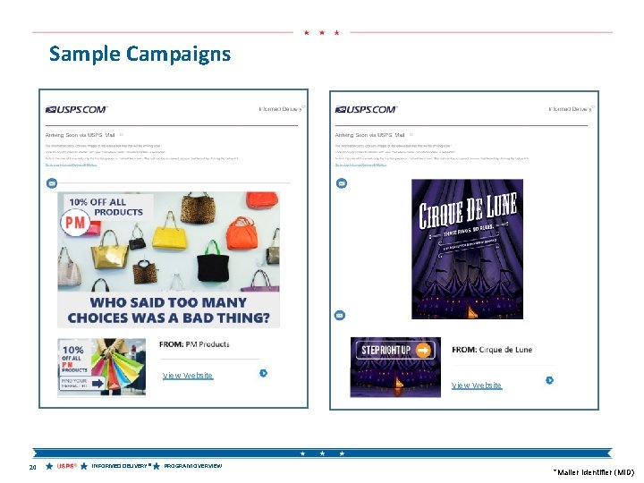 Sample Campaigns View. Website 20 INFORMED DELIVERY® PROGRAM OVERVIEW View Website *Mailer Identifier (MID)