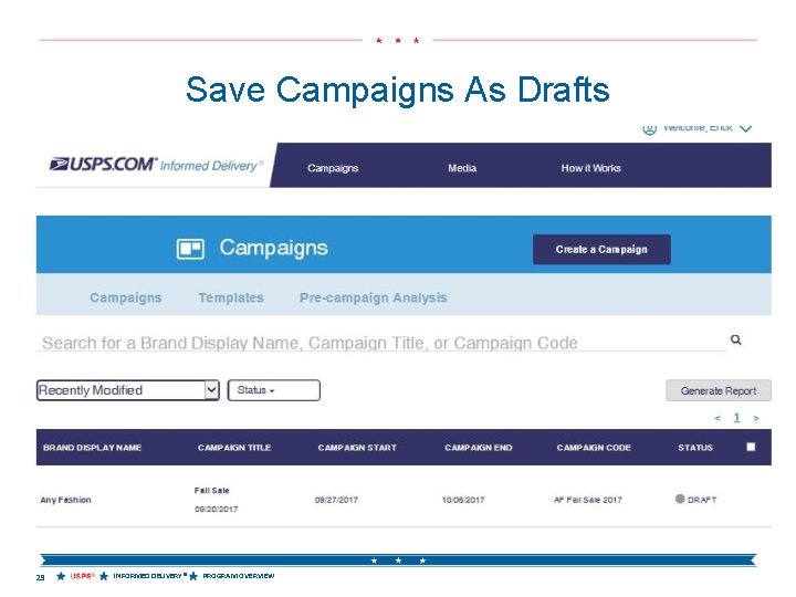 Save Campaigns As Drafts 29 INFORMED DELIVERY® PROGRAM OVERVIEW 