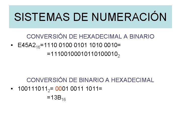 SISTEMAS DE NUMERACIÓN CONVERSIÓN DE HEXADECIMAL A BINARIO • E 45 A 216=1110 0101