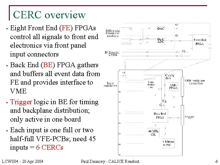 CERC overview • • Eight Front End (FE) FPGAs control all signals to front