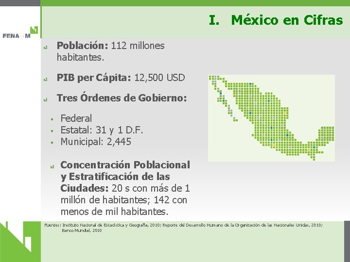 I. México en Cifras Población: 112 millones habitantes. PIB per Cápita: 12, 500 USD