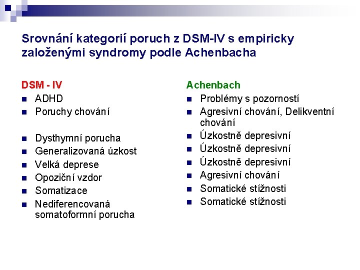 Srovnání kategorií poruch z DSM-IV s empiricky založenými syndromy podle Achenbacha DSM - IV