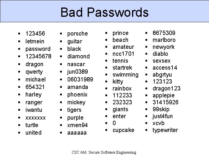 Bad Passwords § § § § 123456 letmein password 12345678 dragon qwerty michael 654321