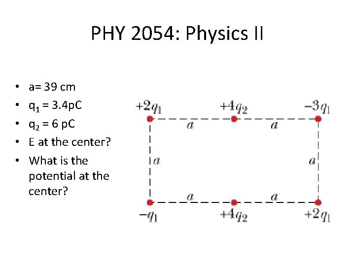 PHY 2054: Physics II • • • a= 39 cm q 1 = 3.