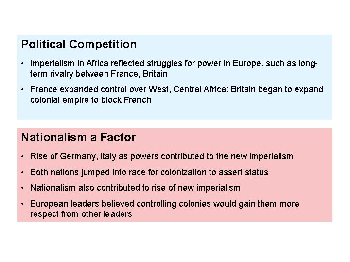 Political Competition • Imperialism in Africa reflected struggles for power in Europe, such as