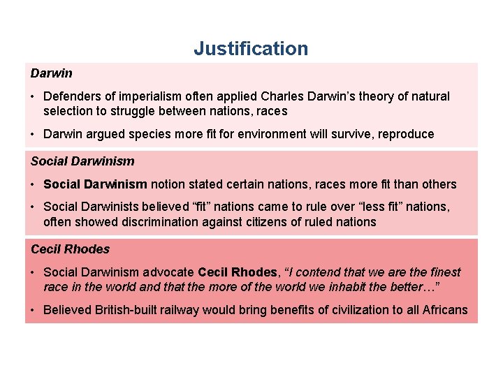 Justification Darwin • Defenders of imperialism often applied Charles Darwin’s theory of natural selection